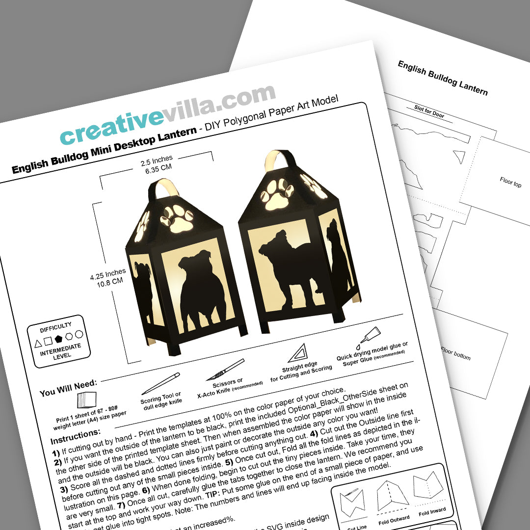English Bulldog Mini Desktop Lantern DIY Low Poly Paper Model Template, Cricut Paper Craft