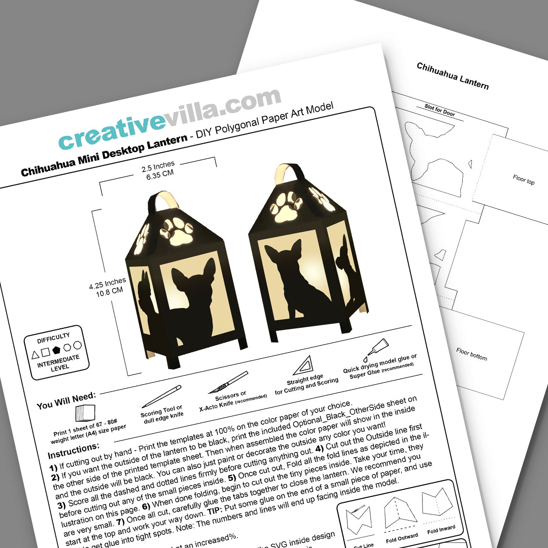 Chihuahua Mini Desktop Lantern DIY Low Poly Paper Model Template, Cricut Paper Craft