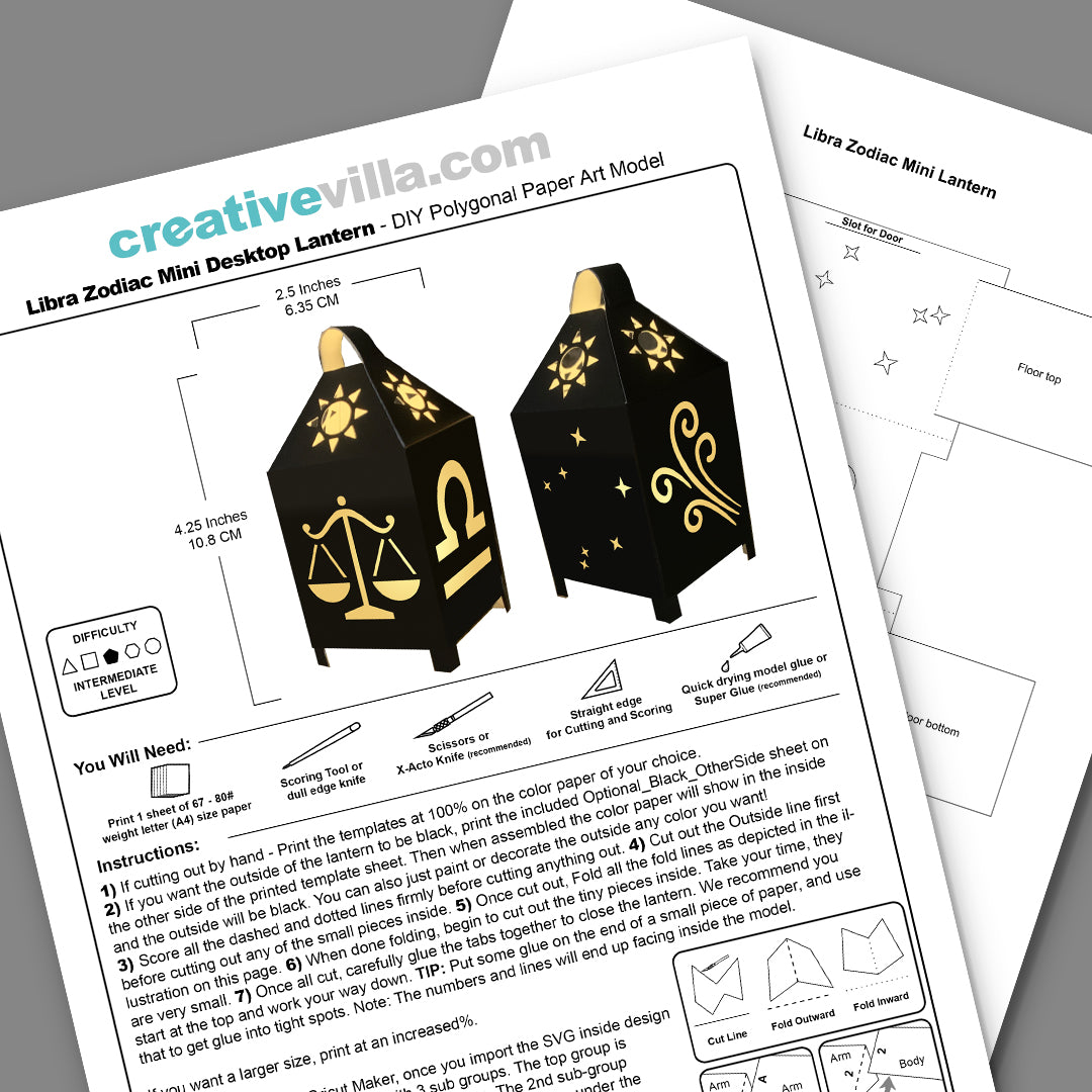 Libra Zodiac Mini Desktop Lantern DIY Low Poly Paper Model Template, Cricut Paper Craft