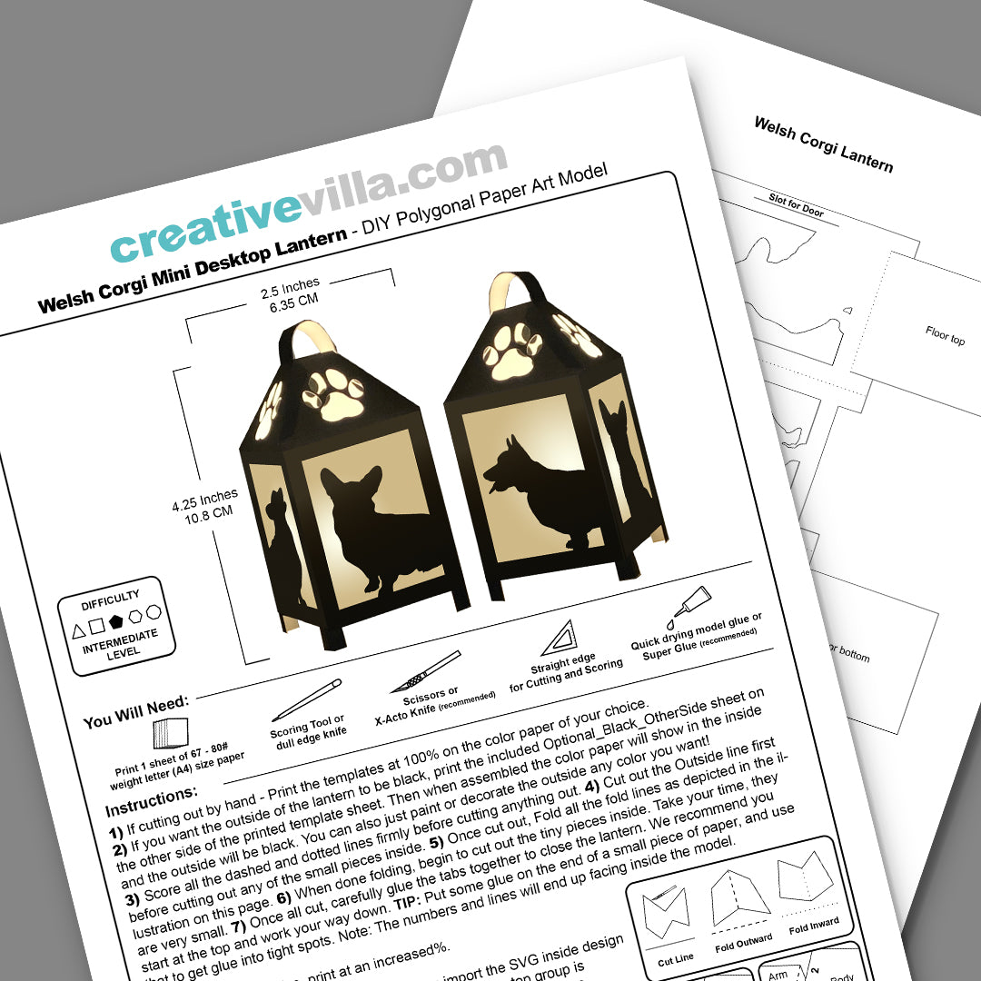 Welsh Corgi Dog Mini Desktop Lantern DIY Low Poly Paper Model Template, Cricut Paper Craft