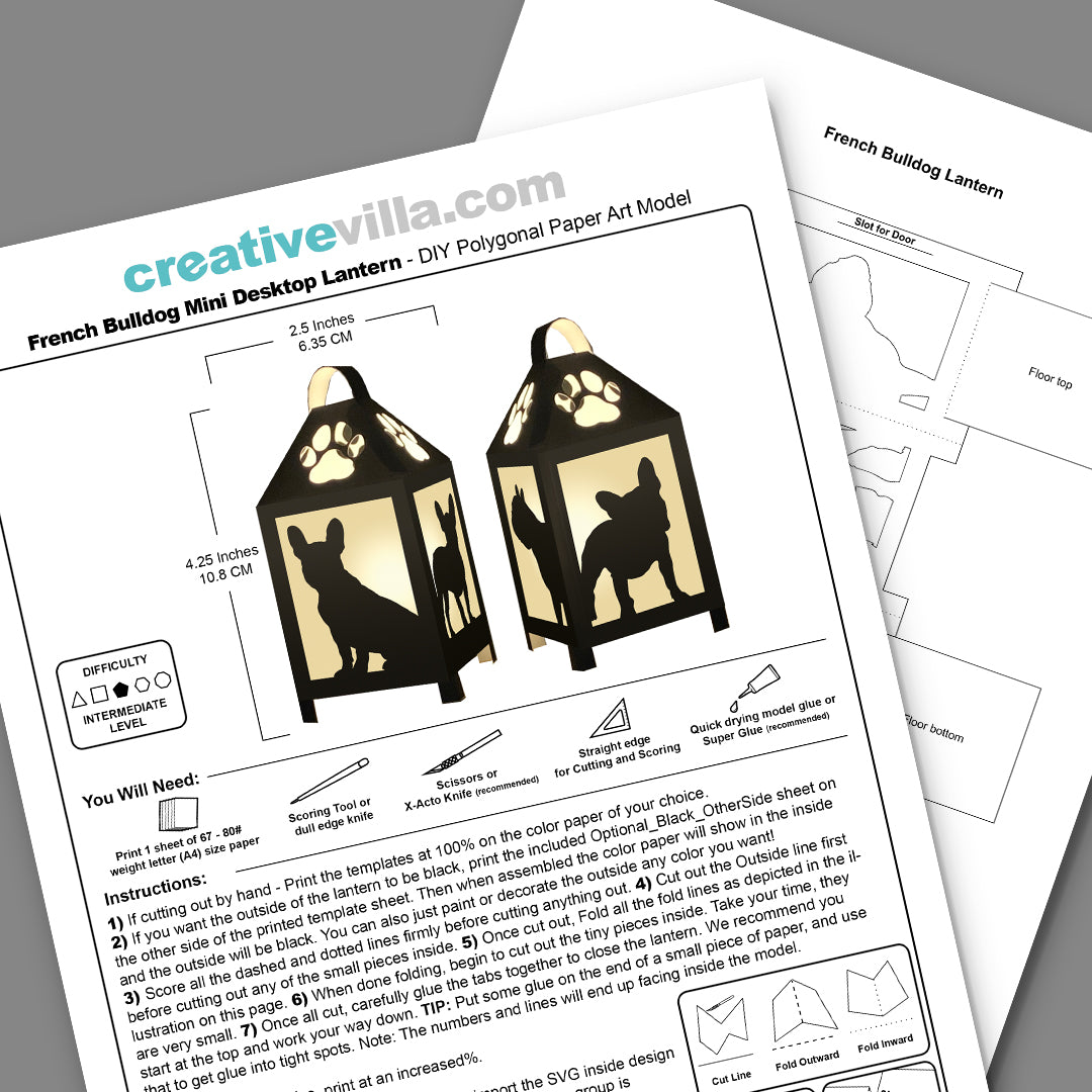 French Bulldog Mini Desktop Lantern DIY Low Poly Paper Model Template, Cricut Paper Craft