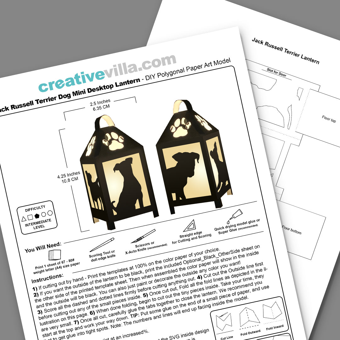 Jack Russell Terrier Dog Mini Desktop Lantern DIY Low Poly Paper Model Template, Cricut Paper Craft