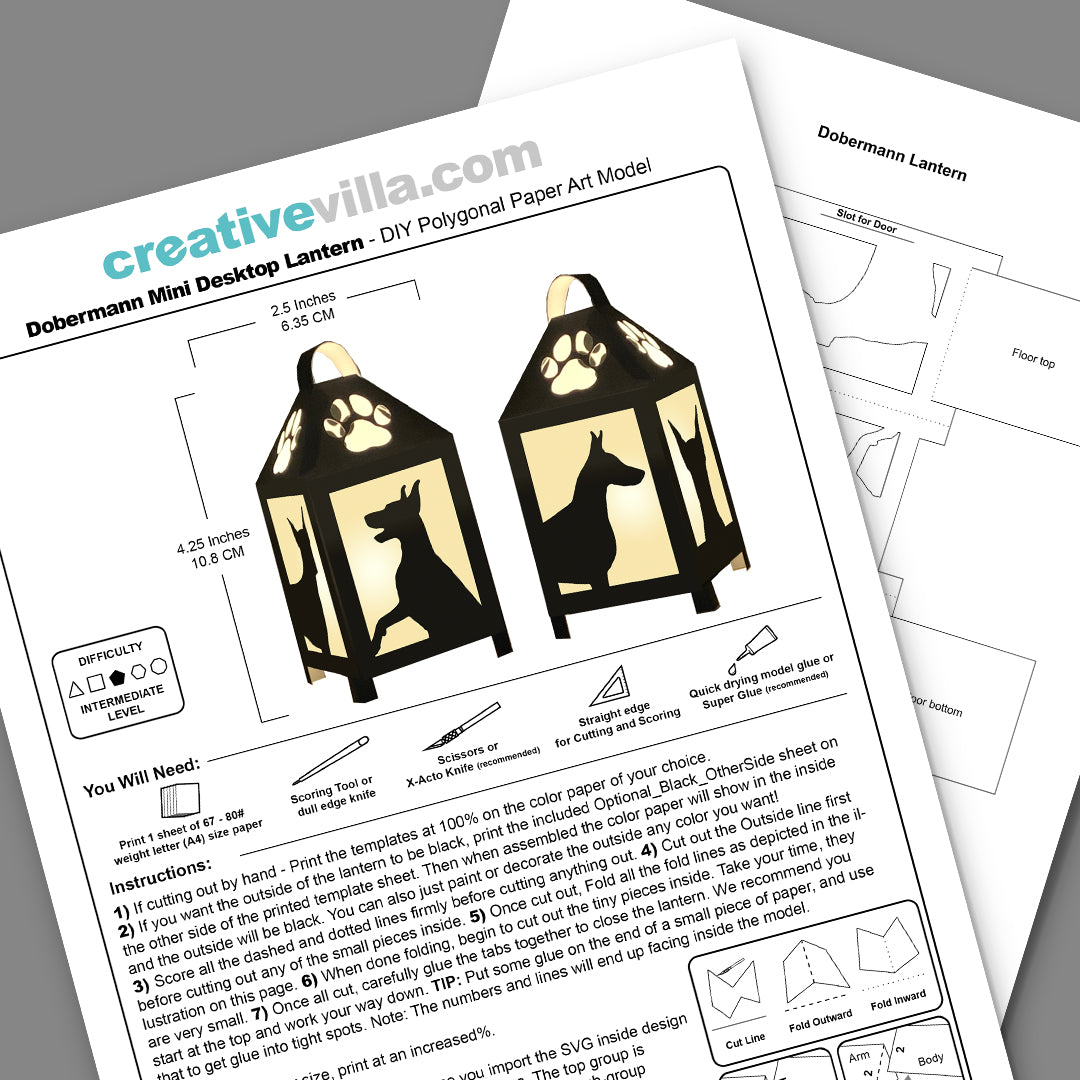 Dobermann Mini Desktop Lantern DIY Low Poly Paper Model Template, Cricut Paper Craft