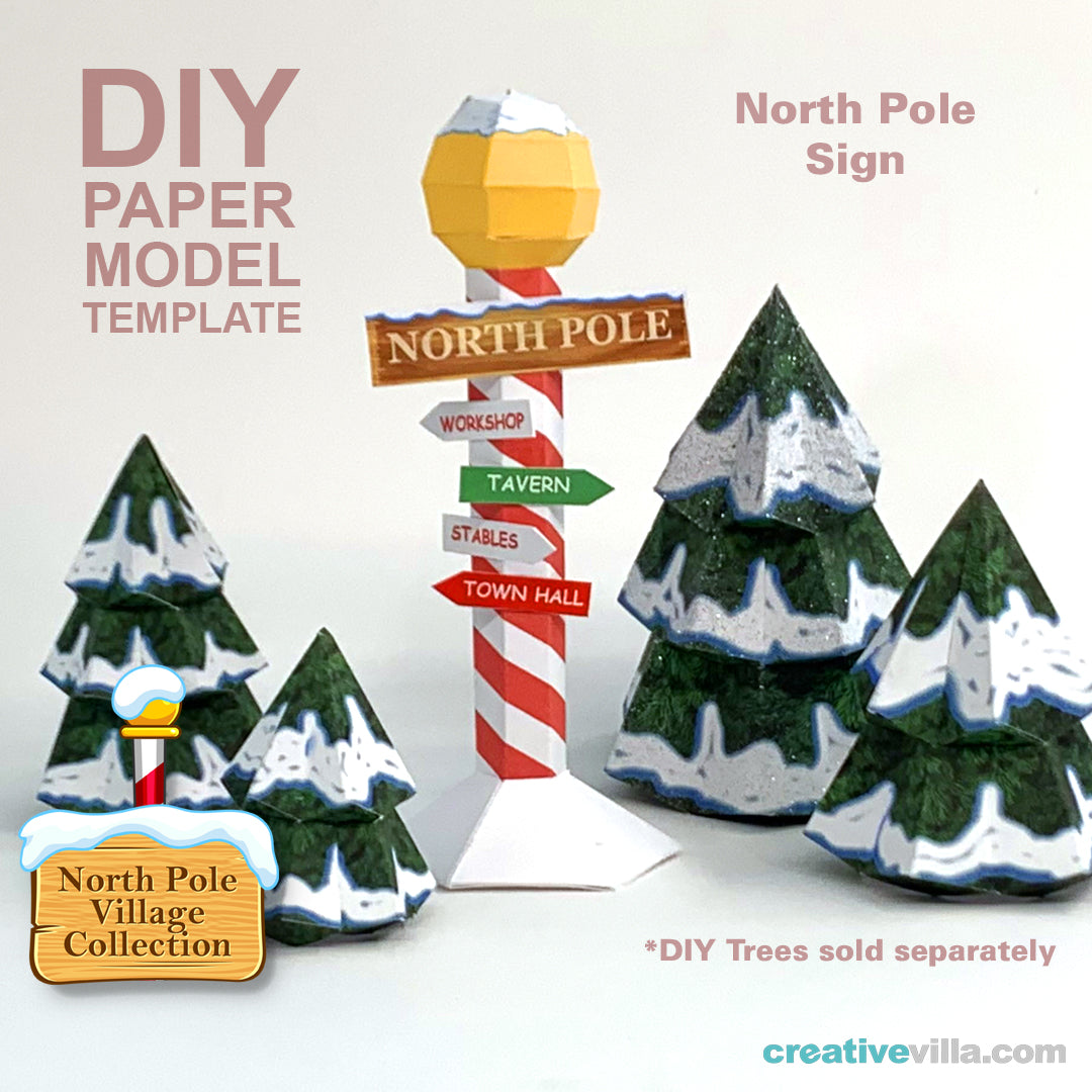 North Pole Village - North Pole Sign - DIY Polygonal Paper Art Model Template, Paper Craft