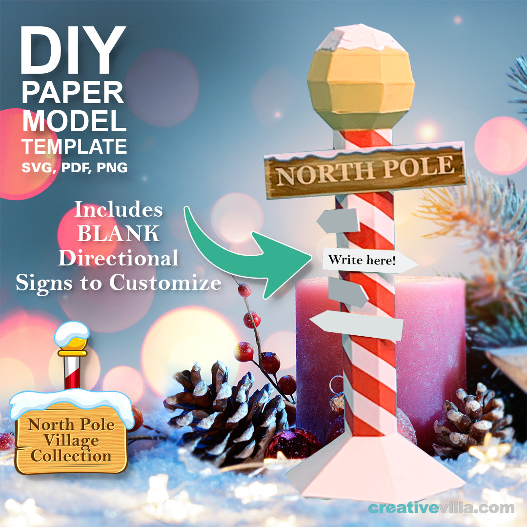 North Pole Village - North Pole Sign - DIY Polygonal Paper Art Model Template, Paper Craft