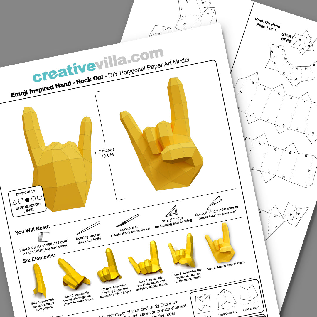 Emoji inspired Hand - Rock On! - DIY Low Poly Paper Model Template, Paper Craft