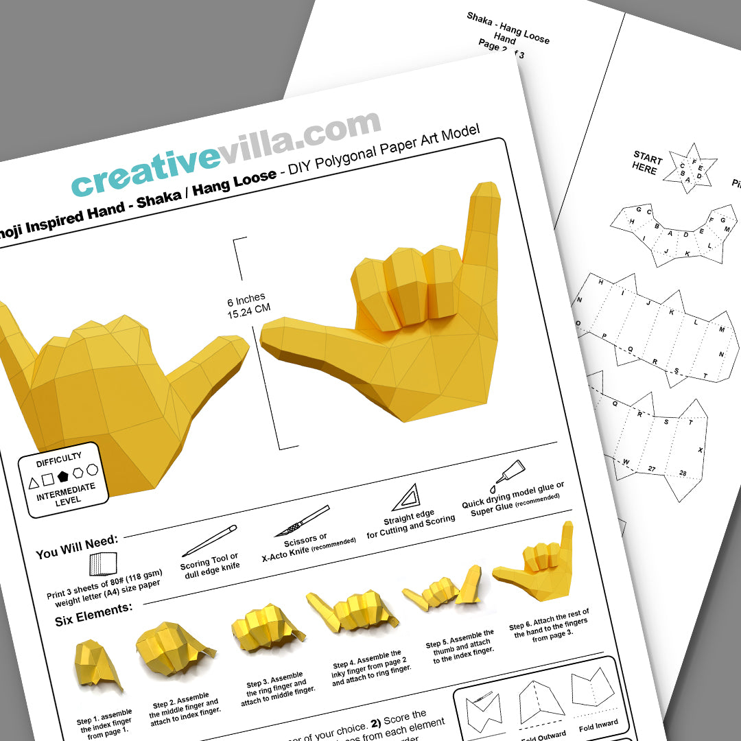 Emoji inspired Hand - Shaka / Hang Loose - DIY Low Poly Paper Model Template, Paper Craft