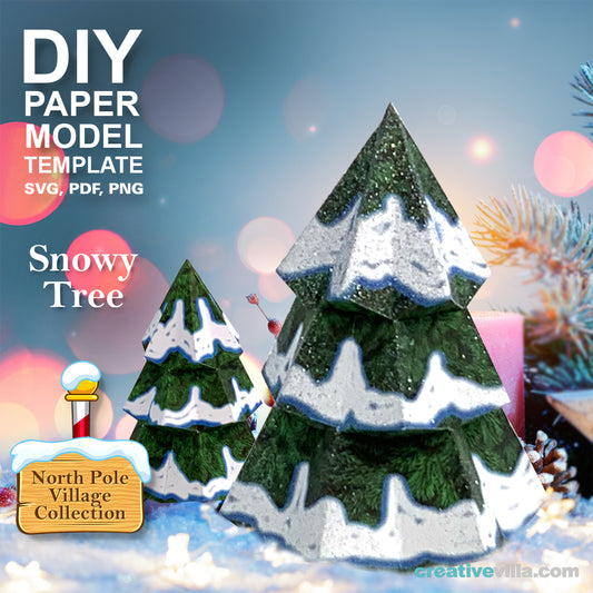 North Pole Village - Snowy Tree - DIY Polygonal Paper Art Model Template, Paper Craft