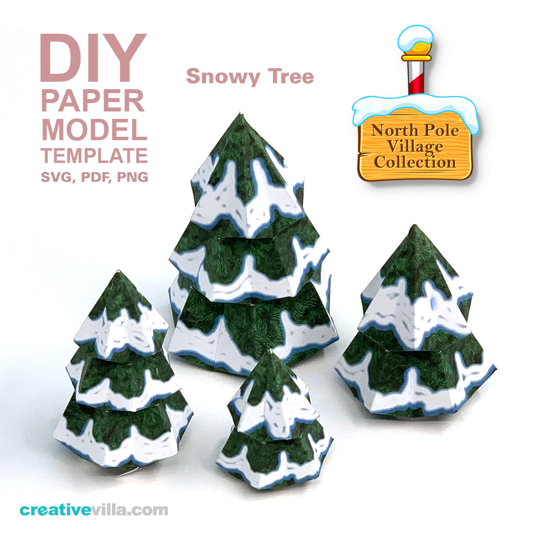 North Pole Village - Snowy Tree - DIY Polygonal Paper Art Model Template, Paper Craft