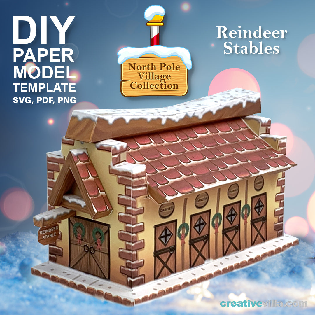 North Pole Village - Reindeer Stables - DIY Polygonal Paper Art Model Template, Paper Craft