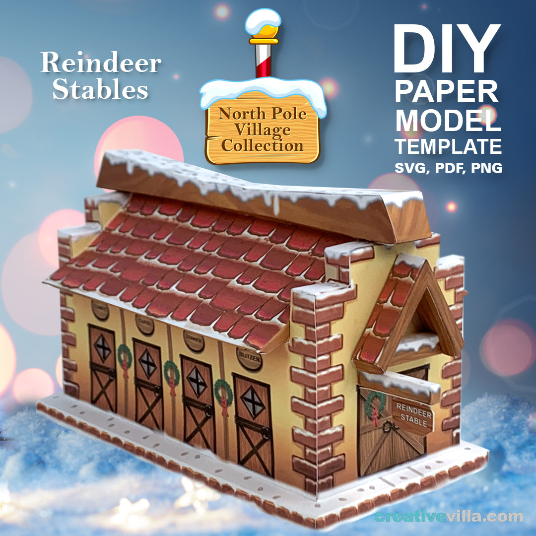 North Pole Village - Reindeer Stables - DIY Polygonal Paper Art Model Template, Paper Craft