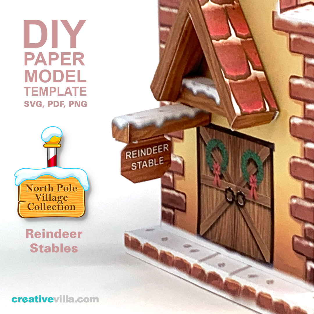 North Pole Village - Reindeer Stables - DIY Polygonal Paper Art Model Template, Paper Craft