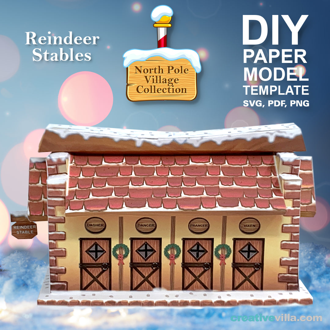 North Pole Village - Reindeer Stables - DIY Polygonal Paper Art Model Template, Paper Craft
