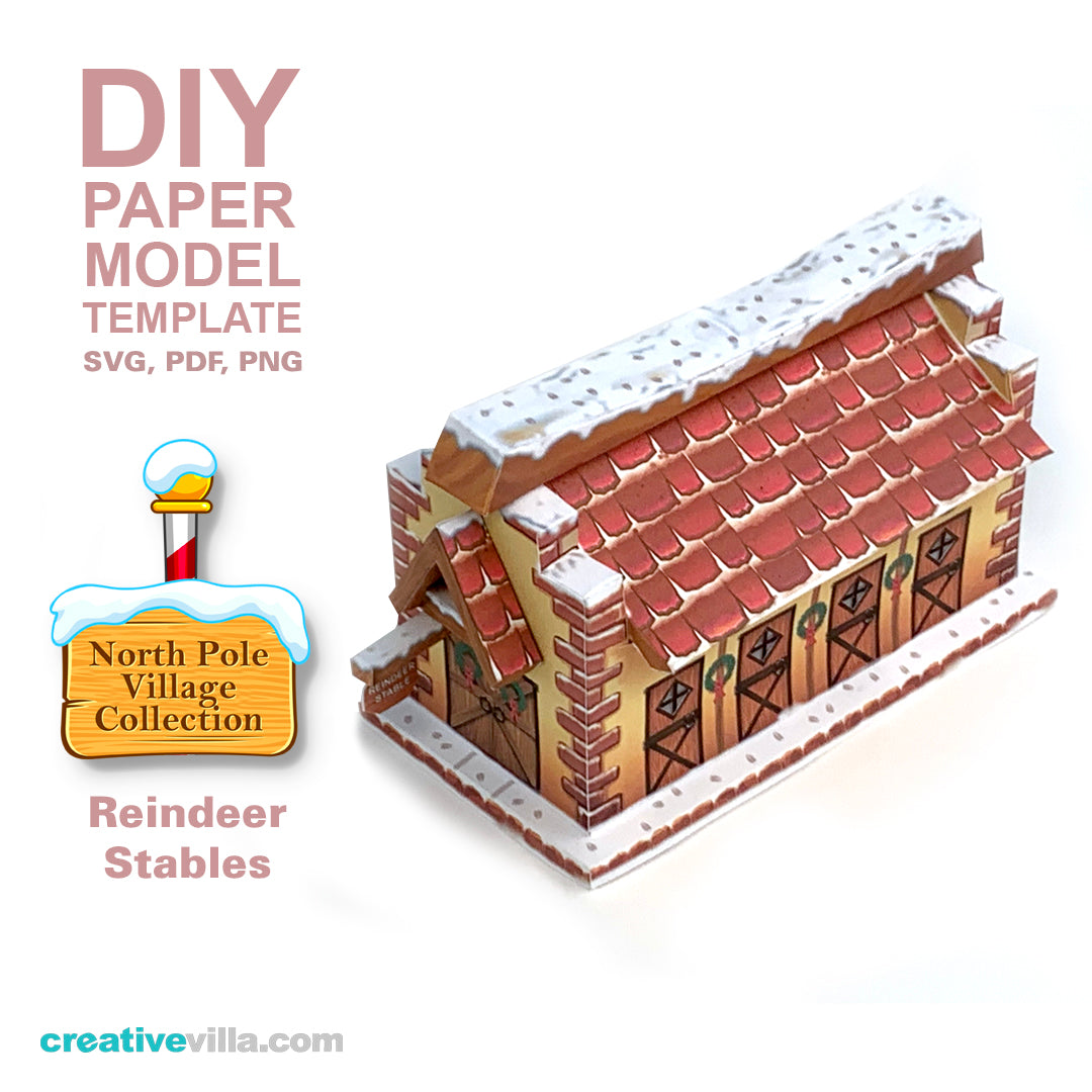 North Pole Village - Reindeer Stables - DIY Polygonal Paper Art Model Template, Paper Craft