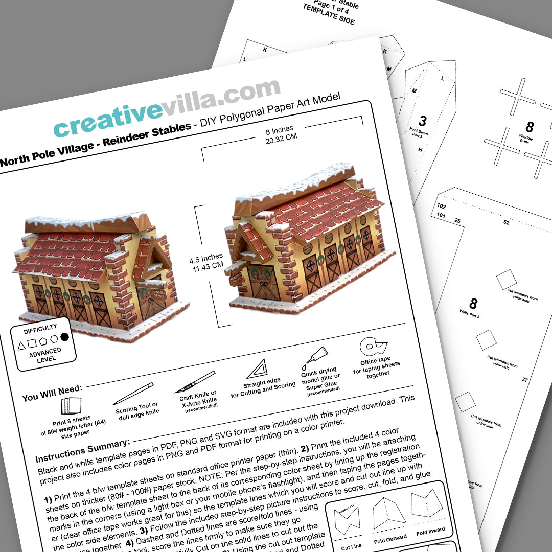 North Pole Village - Reindeer Stables - DIY Polygonal Paper Art Model Template, Paper Craft