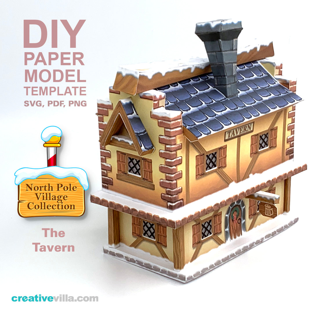 North Pole Village - The Tavern - DIY Polygonal Paper Art Model Template, Paper Craft