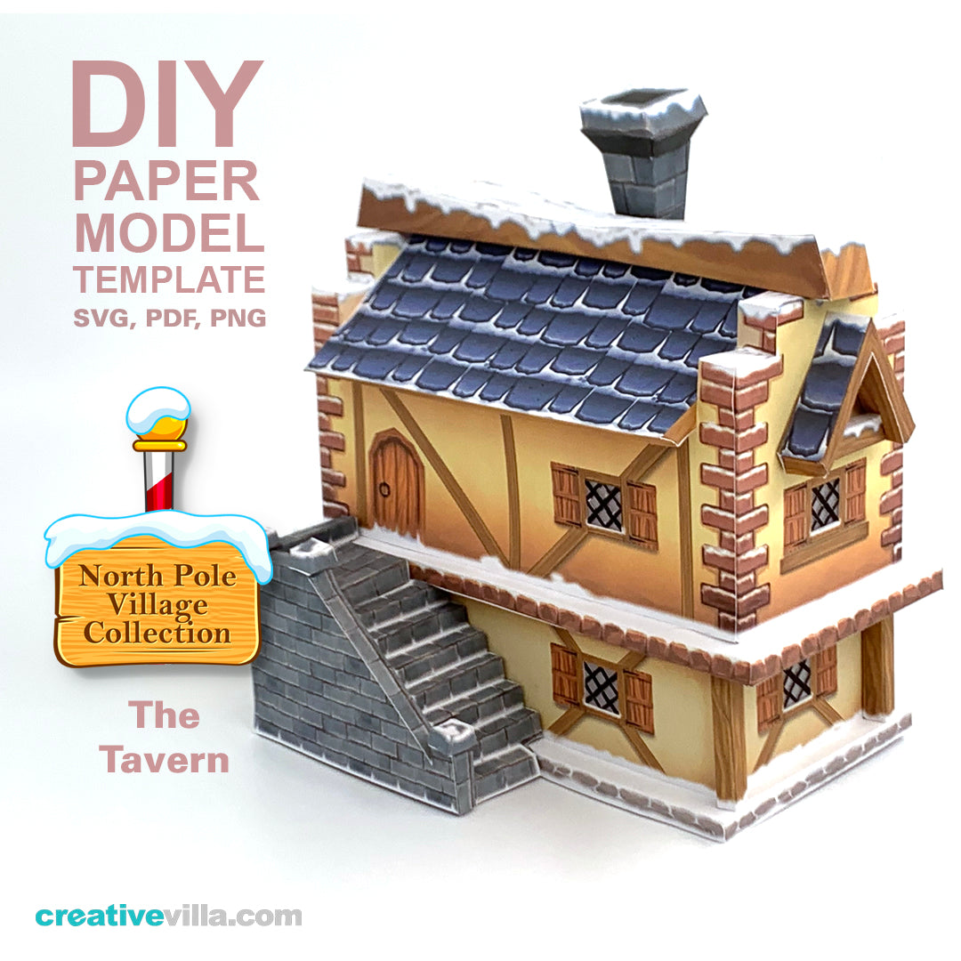 North Pole Village - The Tavern - DIY Polygonal Paper Art Model Template, Paper Craft