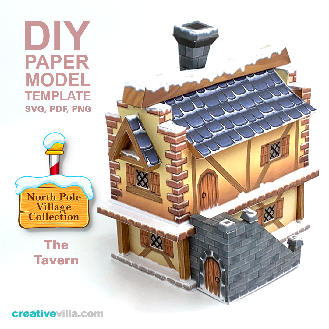 North Pole Village - The Tavern - DIY Polygonal Paper Art Model Template, Paper Craft