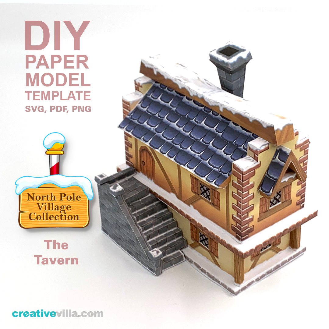 North Pole Village - The Tavern - DIY Polygonal Paper Art Model Template, Paper Craft