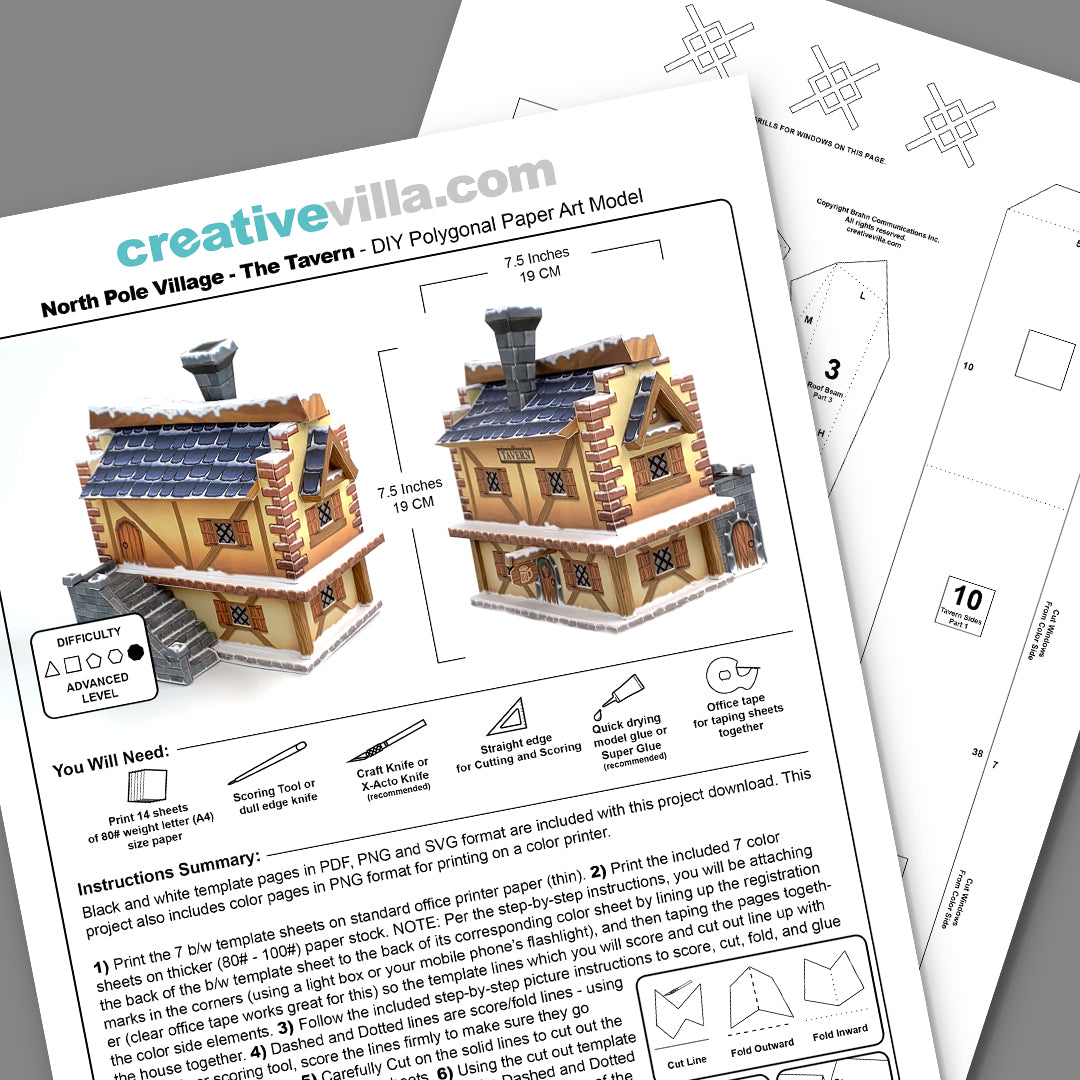 North Pole Village - The Tavern - DIY Polygonal Paper Art Model Template, Paper Craft