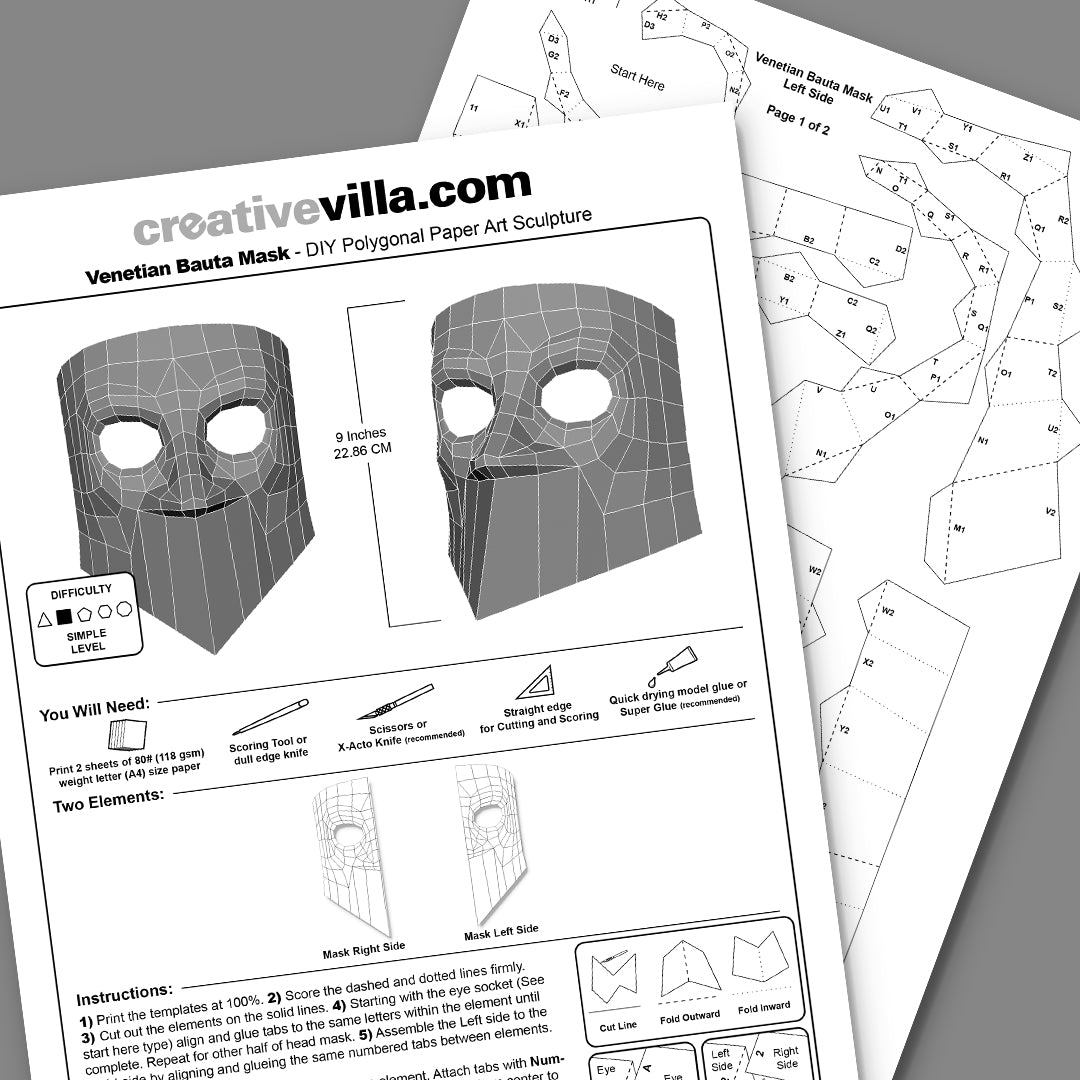 Venetian Bauta Mask DIY Low Poly Paper Model Template, Paper Craft