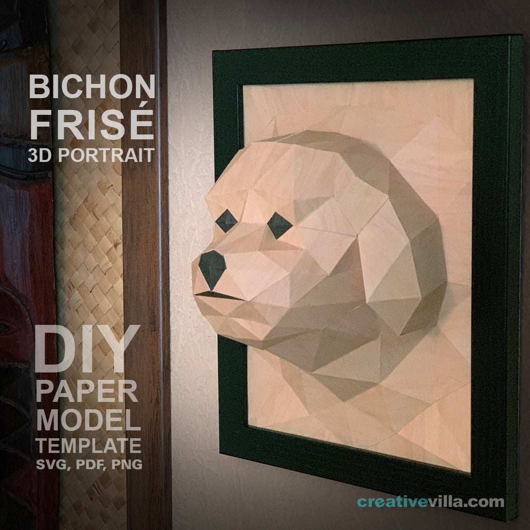 Bichon Frisé Dog 3D Portrait Wall Sculpture DIY Low Poly Paper Model Template, Paper Craft