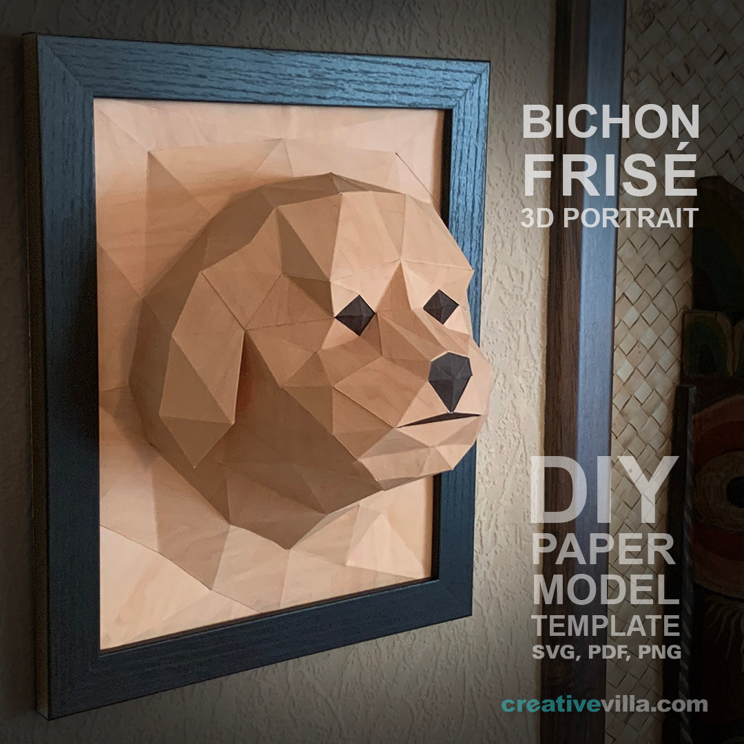 Bichon Frisé Dog 3D Portrait Wall Sculpture DIY Low Poly Paper Model Template, Paper Craft