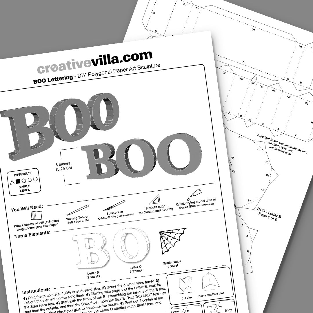 Boo Lettering DIY Low Poly Paper Model Template, Paper Craft