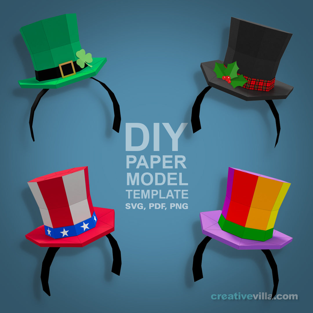 Mini Top Hat Head Bands DIY Low Poly Paper Model Template, Paper