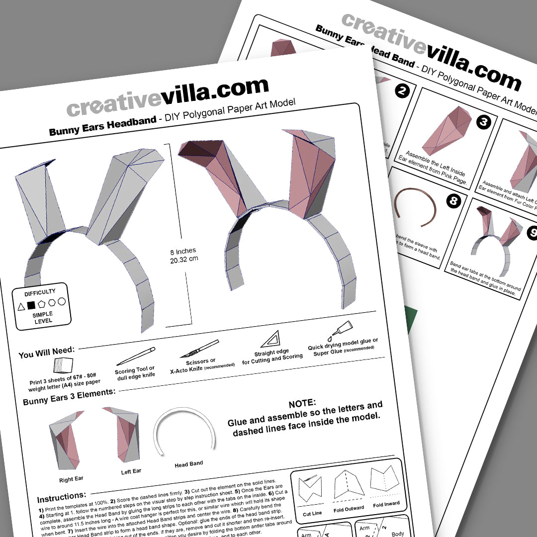 Bunny Ears Headband DIY Low Poly Paper Model Template, Paper Craft