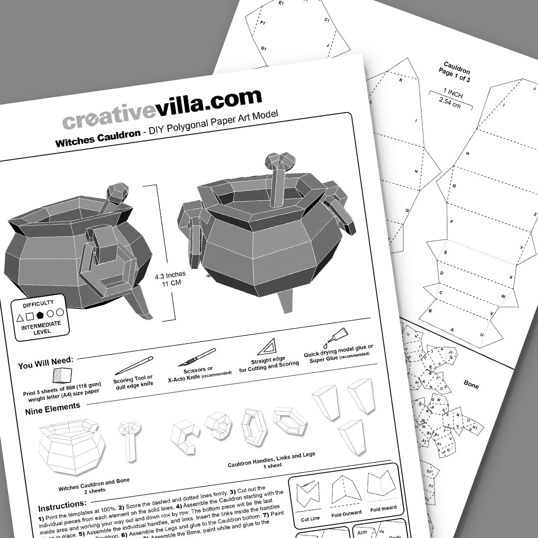 Witches Cauldron DIY Low Poly Paper Model Template, Paper Craft