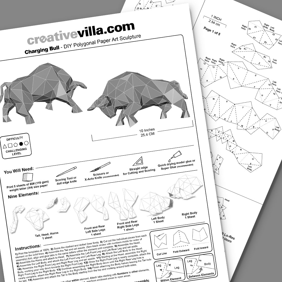 Bull Charging DIY Low Poly Paper Model Template, Paper Craft