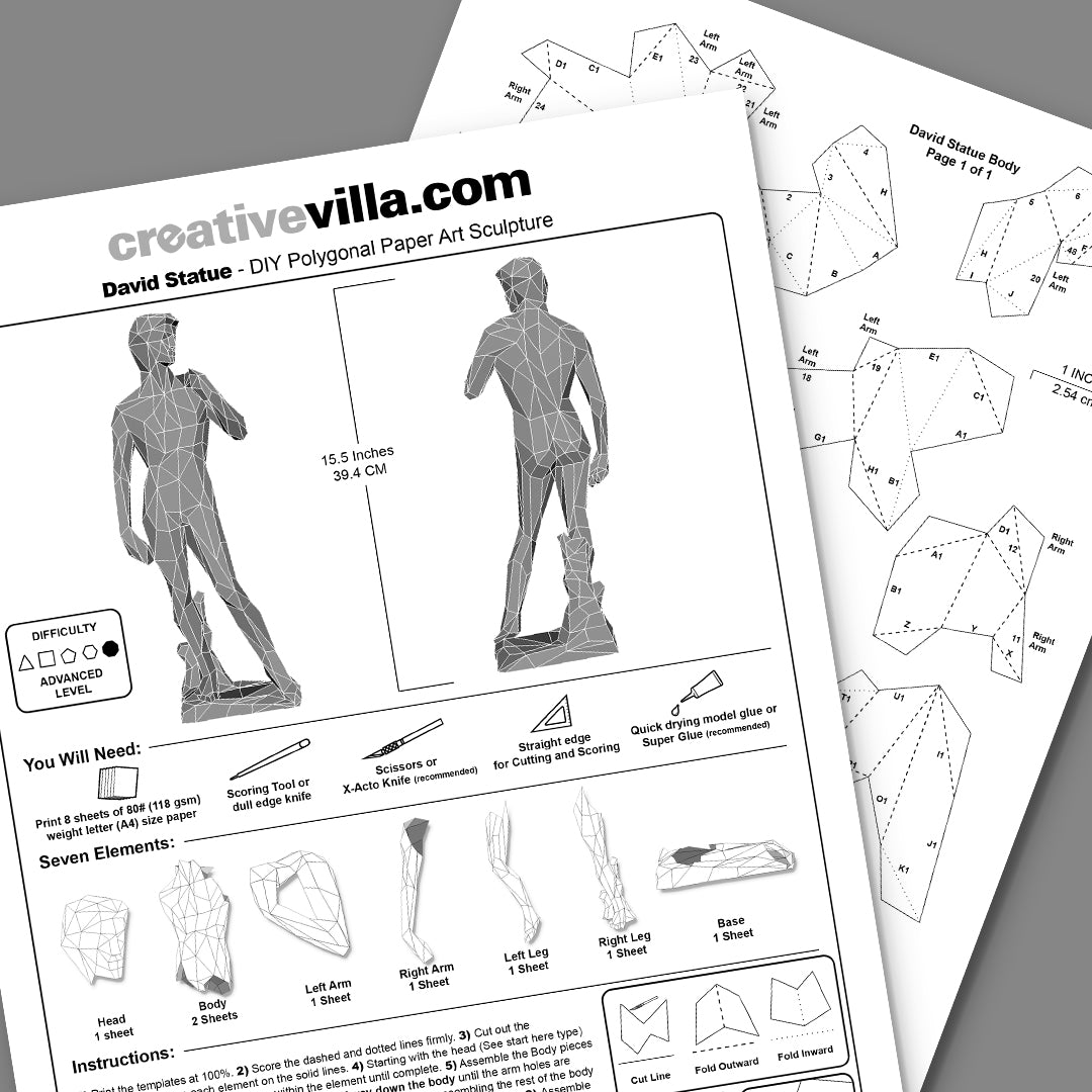 David Statue DIY Low Poly Paper Model Template, Paper Craft