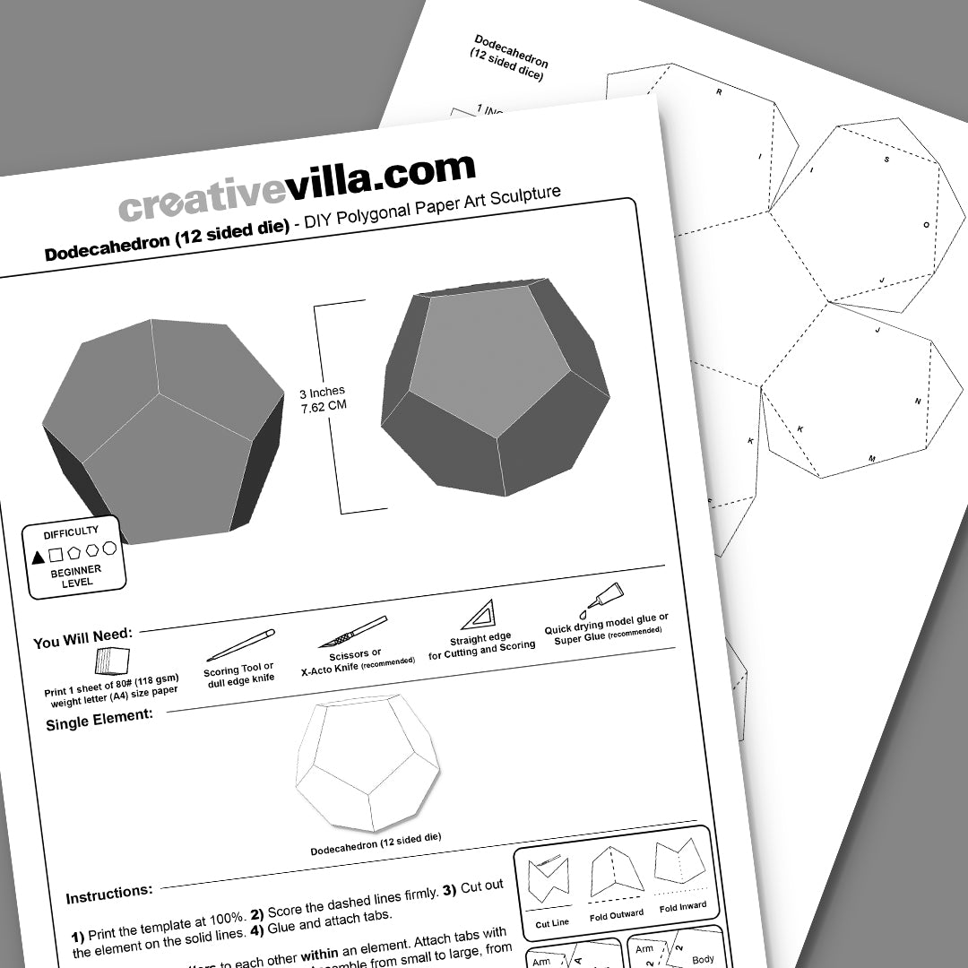 Dodecahedron - 12 sided die DIY Low Poly Paper Model Template, Paper Craft