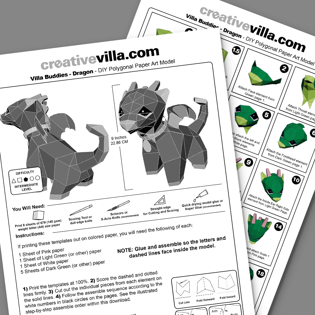 Villa Buddies - Dragon - DIY Low Poly Paper Model Template, Paper Craft