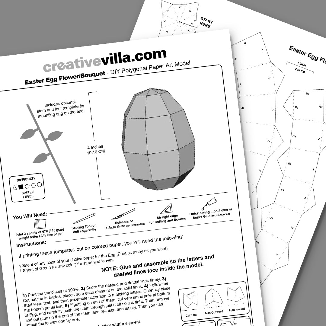 Easter Egg Flower DIY Low Poly Paper Model Template with Stem and Leaves template, Paper Craft
