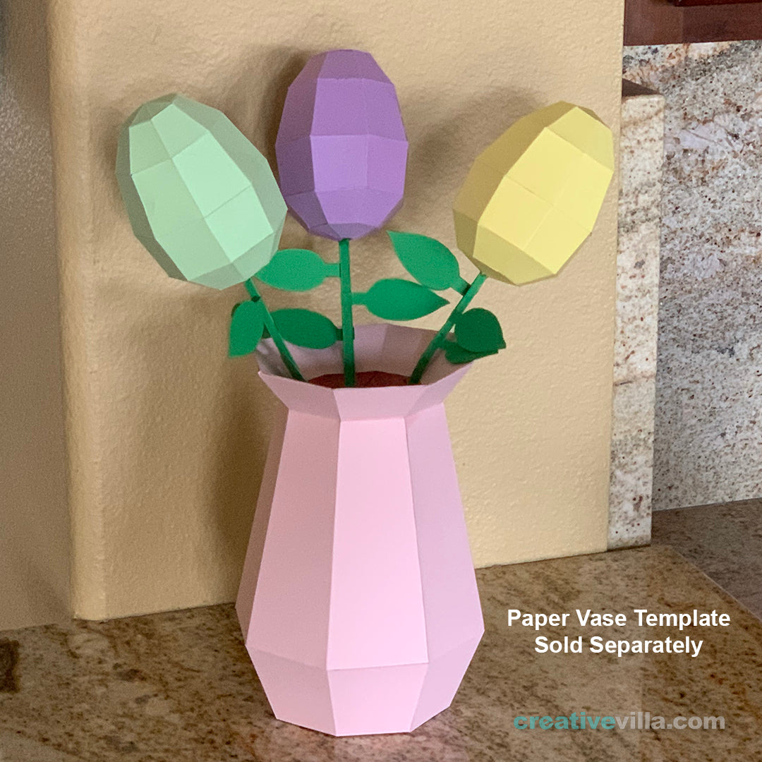 Easter Egg Flower DIY Low Poly Paper Model Template with Stem and Leaves template, Paper Craft