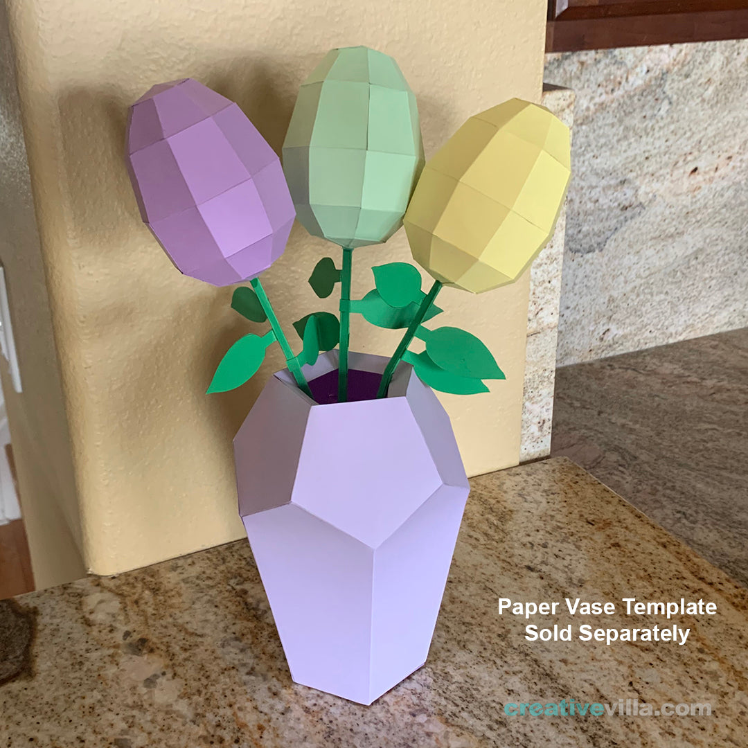 Easter Egg Flower DIY Low Poly Paper Model Template with Stem and Leaves template, Paper Craft