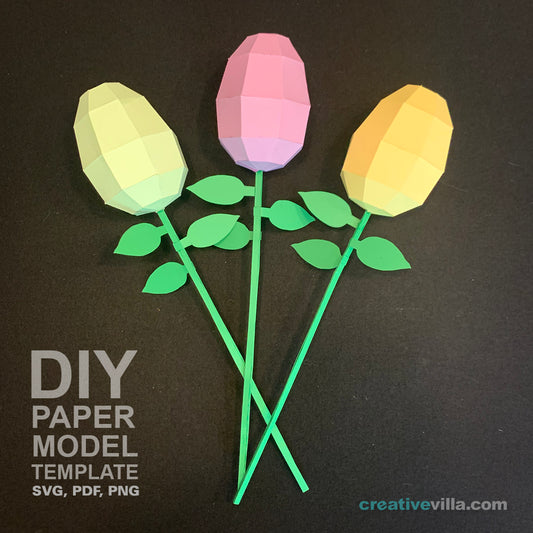 Easter Egg Flower DIY Low Poly Paper Model Template with Stem and Leaves template, Paper Craft