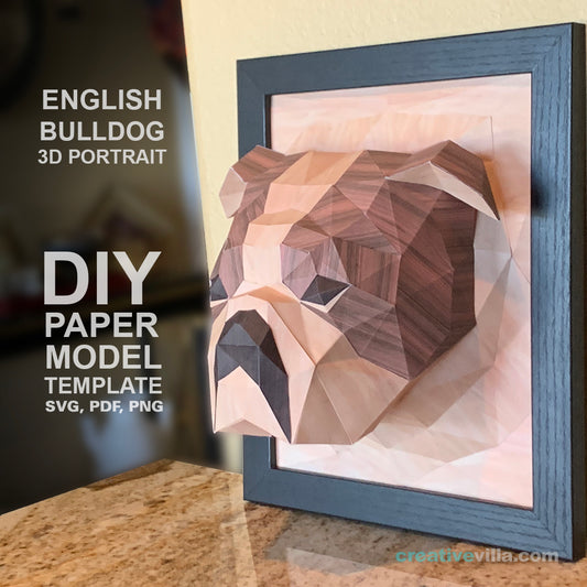 English Bulldog 3D Portrait Wall Sculpture DIY Low Poly Paper Model Template, Paper Craft