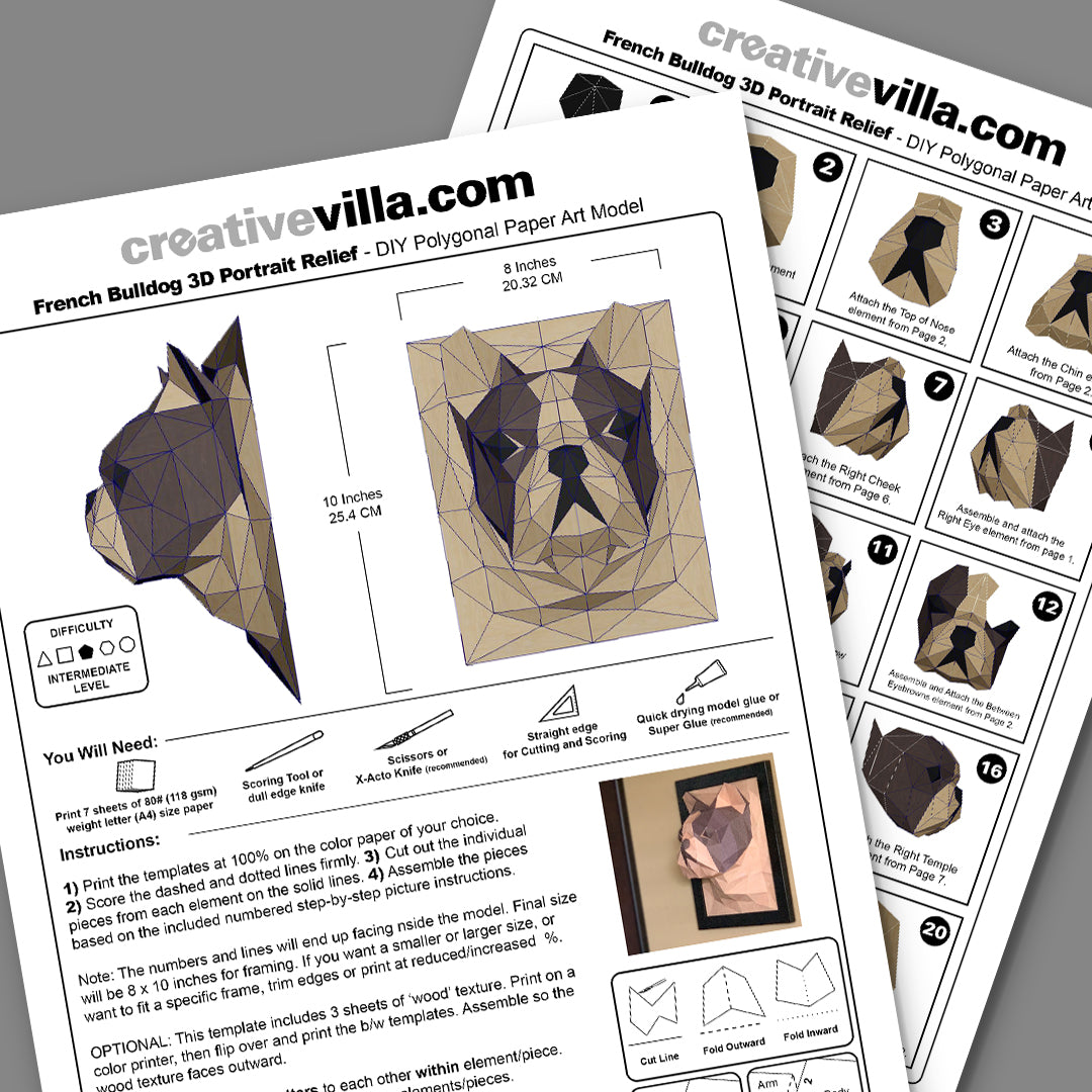 French BullDog 3D Portrait Wall Sculpture DIY Low Poly Paper Model Template, Paper Craft