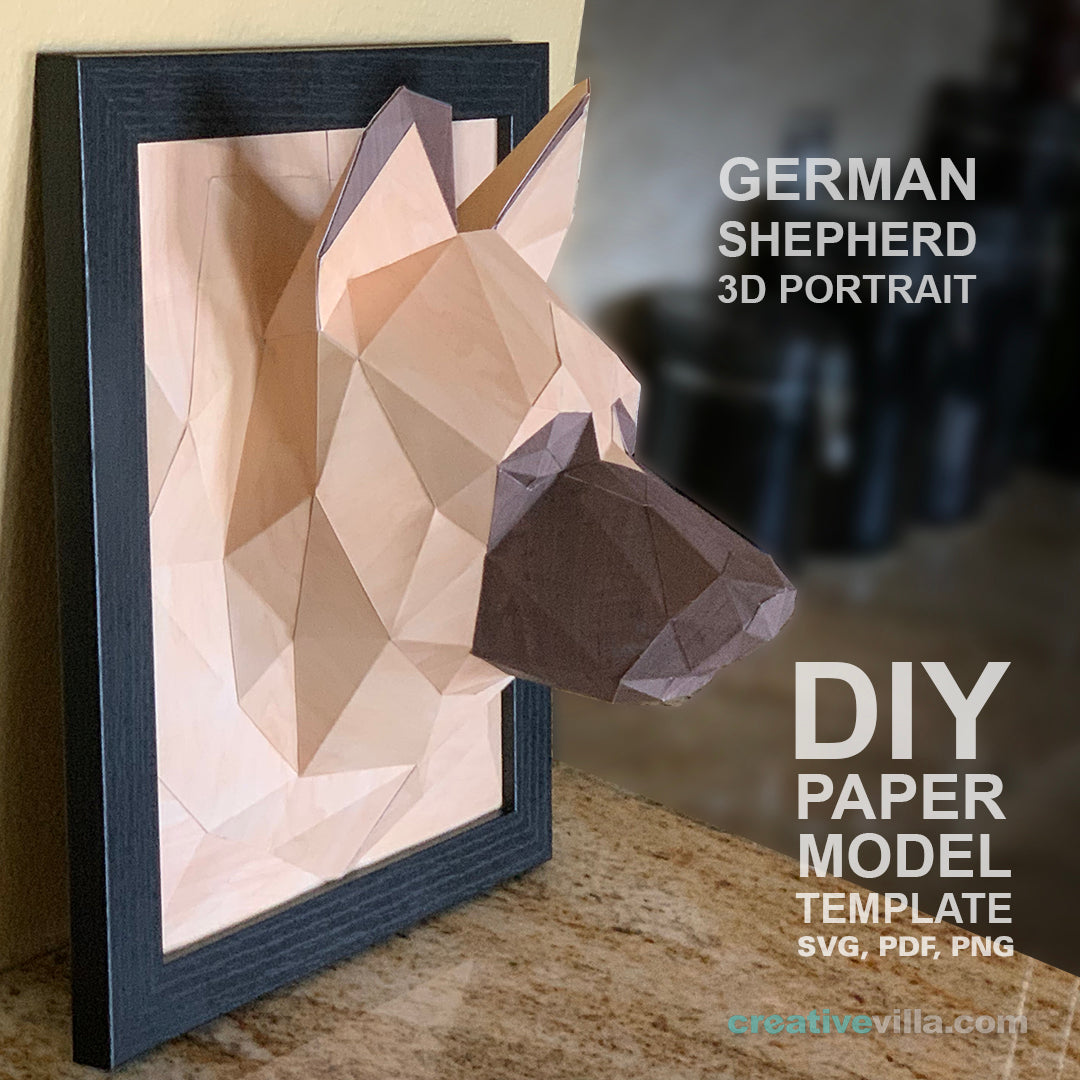 German Shepherd Dog 3D Portrait Wall Sculpture DIY Low Poly Paper Model Template, Paper Craft