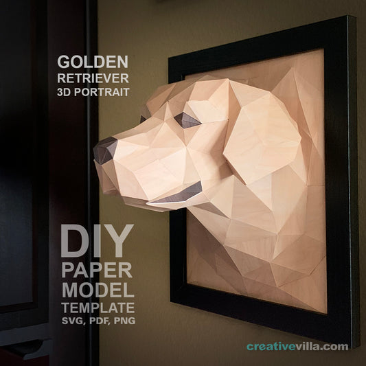 Golden Retriever Dog 3D Portrait Wall Sculpture DIY Low Poly Paper Model Template, Paper Craft