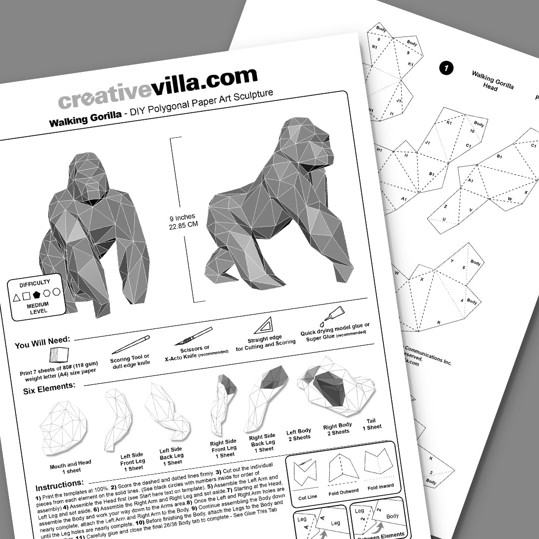 Gorilla Walking DIY Low Poly Paper Model Template, Paper Craft