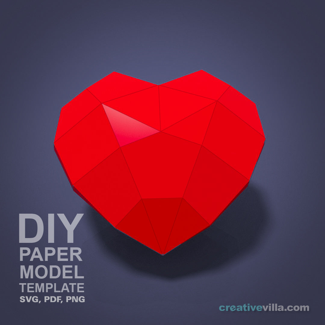 Simple Heart DIY Low Poly Paper Model Template with optional Stem and Leaves template, Paper Craft Active