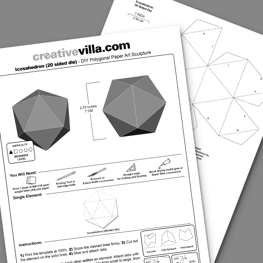 Icosahedron - 20 Sided Die DIY Low Poly Paper Model Template, Paper Craft