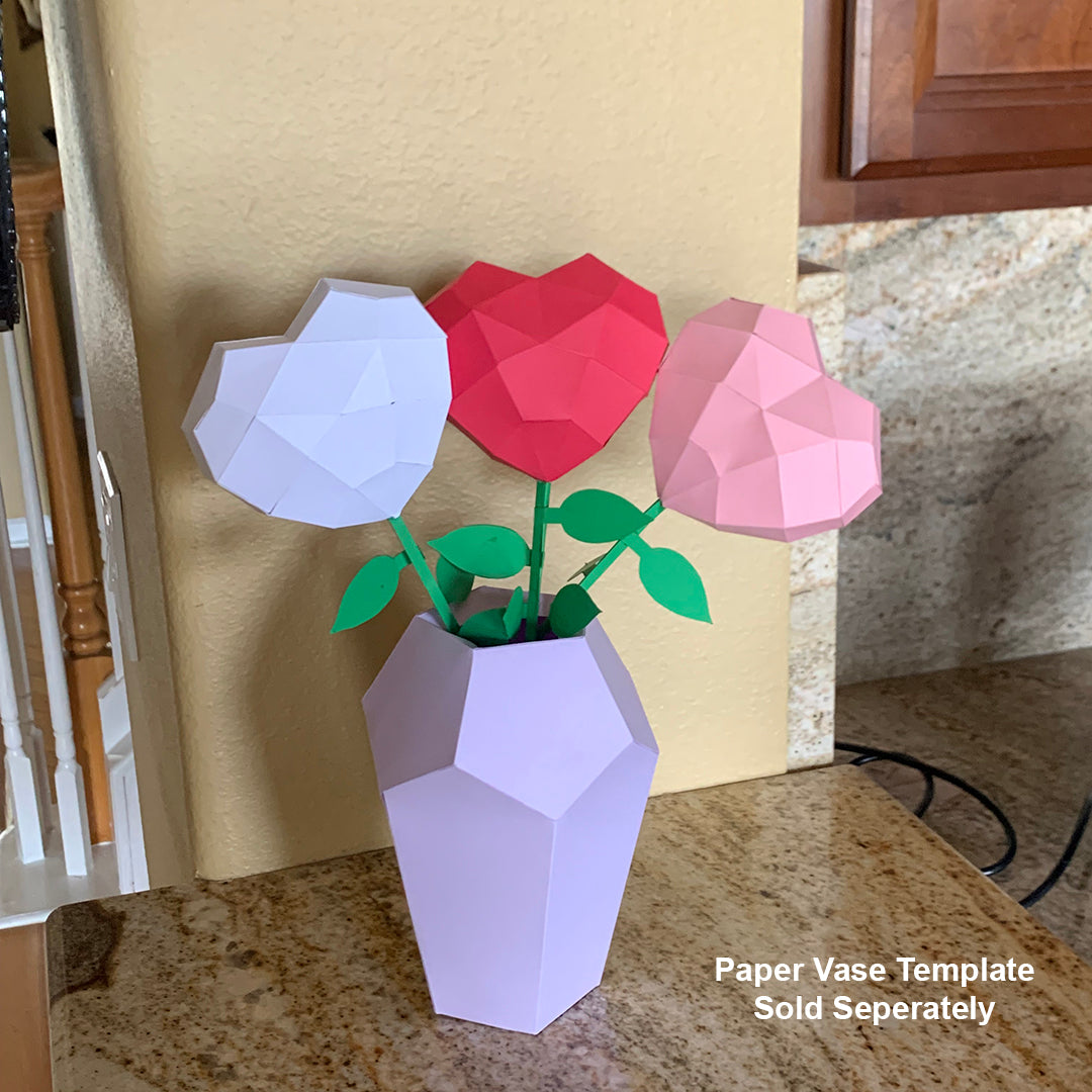 Simple Heart DIY Low Poly Paper Model Template with optional Stem and Leaves template, Paper Craft Active