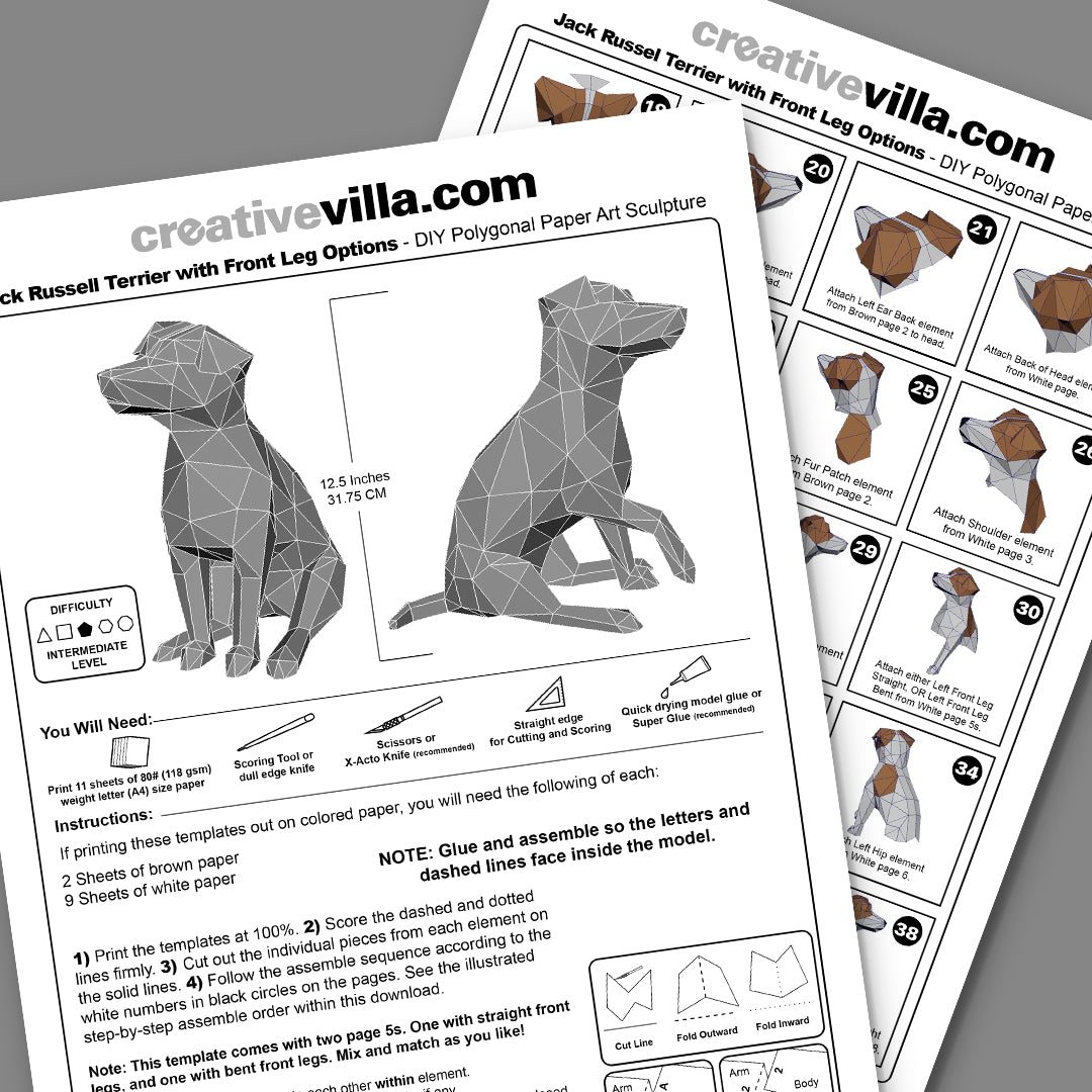 Jack Russell Terrier Dog - DIY Low Poly Paper Model Template, Paper Craft