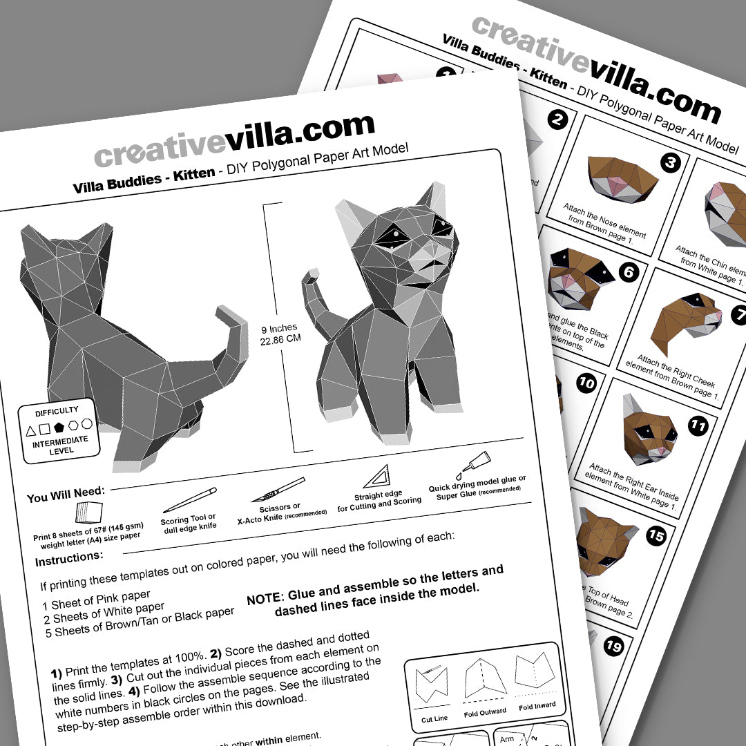 Villa Buddy - Kitten - DIY Low Poly Paper Model Template, Paper Craft