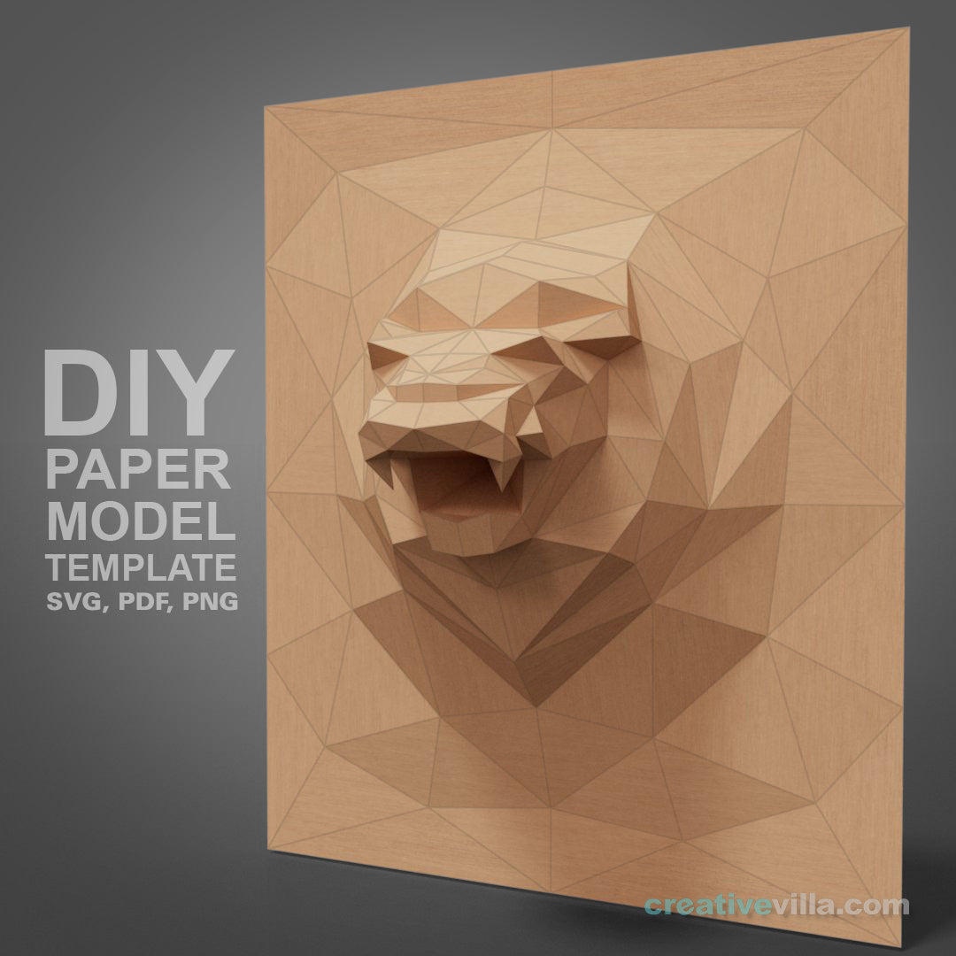 Lion 3D Relief Wall Sculpture DIY Low Poly Paper Model Template, Paper Craft
